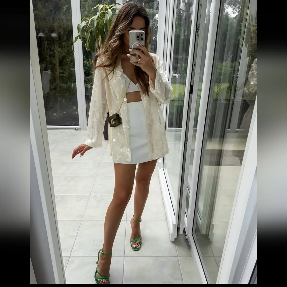 ZARA SEQUIN OPEN FRONT BLAZER Size S Cream - Picture 13 of 16